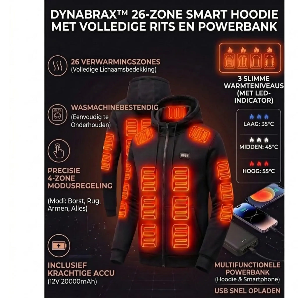 DYNABRAX Elektrisch Verwarmde Jas voor Heren – Waterdicht, met Afneembare Capuchon & 17 Verwarmingszones