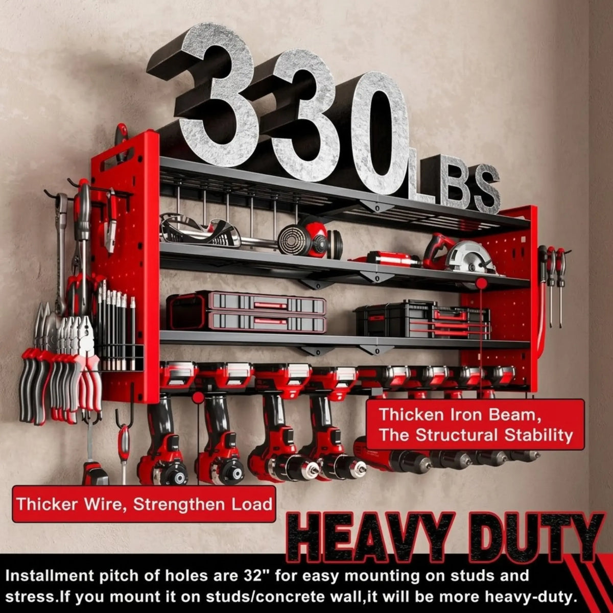 DYNABRAX Large Power Tool Organizer Wall Mount, 4-Layer Heavy Duty Metal Garage Storage Rack with 8 Cordless Drill Holders & Tool Utility Shelves (Loads up to 400 lbs)
