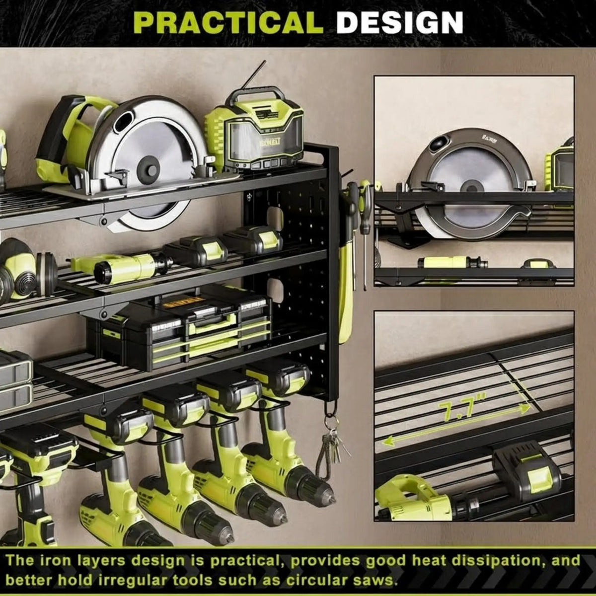 DYNABRAX Large Power Tool Organizer Wall Mount, 4-Layer Heavy Duty Metal Garage Storage Rack with 8 Cordless Drill Holders & Tool Utility Shelves (Loads up to 400 lbs)