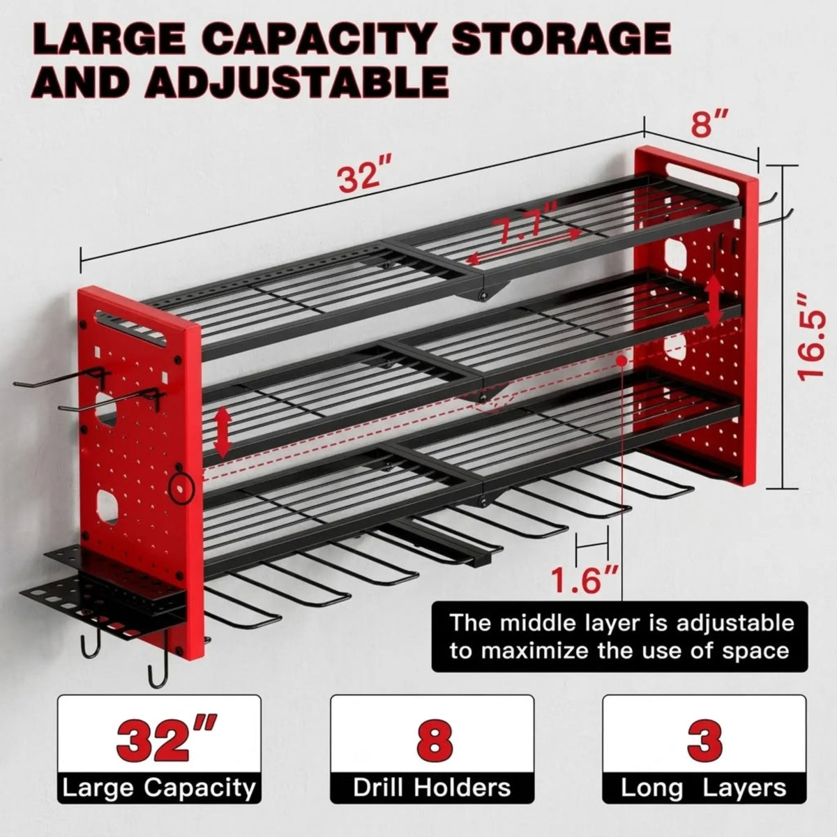 DYNABRAX Large Power Tool Organizer Wall Mount, 4-Layer Heavy Duty Metal Garage Storage Rack with 8 Cordless Drill Holders & Tool Utility Shelves (Loads up to 400 lbs)