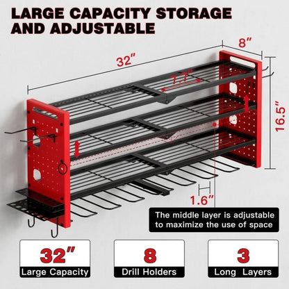 DYNABRAX Large Power Tool Organizer Wall Mount, 4-Layer Heavy Duty Metal Garage Storage Rack with 8 Cordless Drill Holders & Tool Utility Shelves (Loads up to 400 lbs)