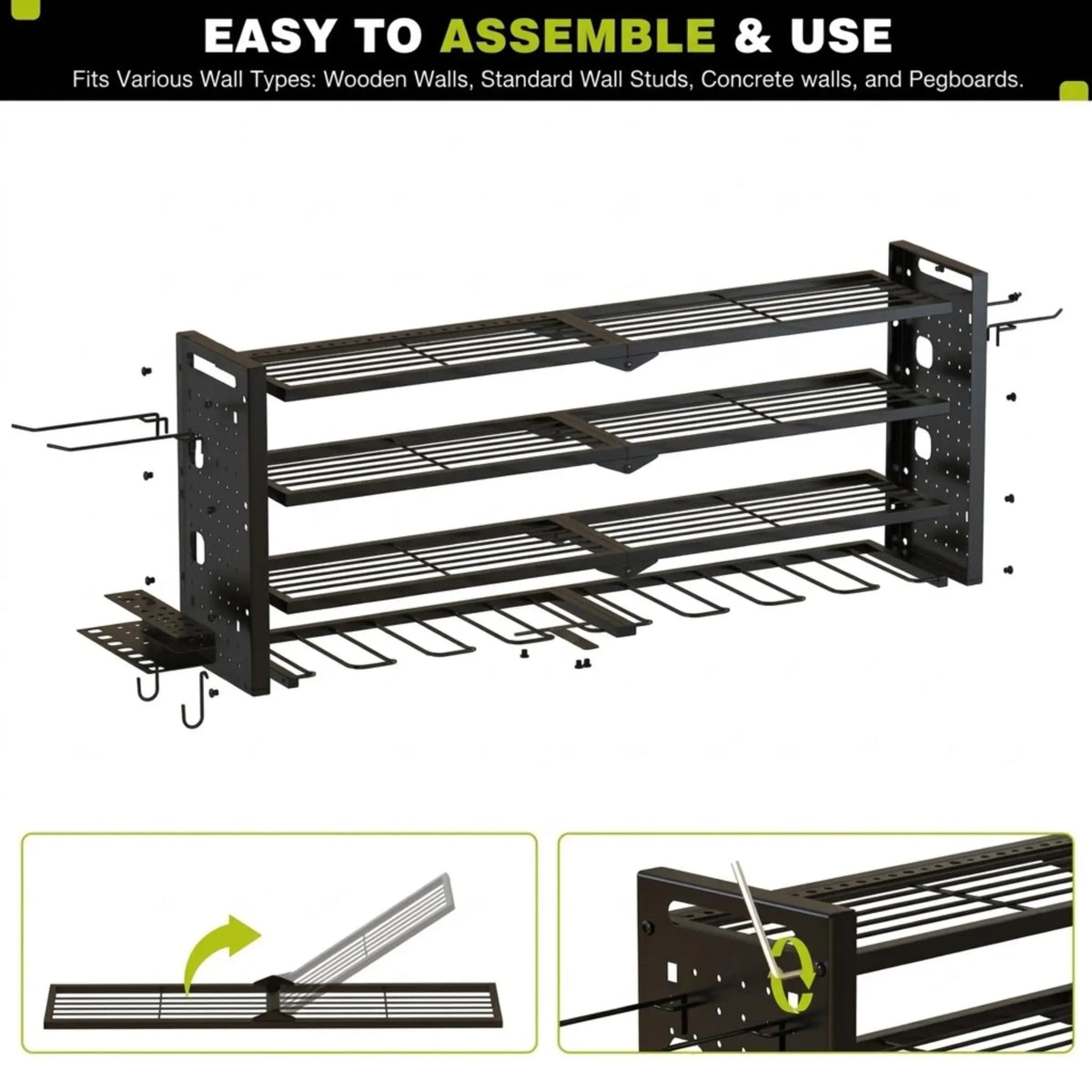 DYNABRAX Large Power Tool Organizer Wall Mount, 4-Layer Heavy Duty Metal Garage Storage Rack with 8 Cordless Drill Holders & Tool Utility Shelves (Loads up to 400 lbs)