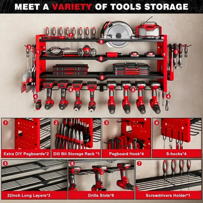 DYNABRAX Large Power Tool Organizer Wall Mount, 4-Layer Heavy Duty Metal Garage Storage Rack with 8 Cordless Drill Holders & Tool Utility Shelves (Loads up to 400 lbs)
