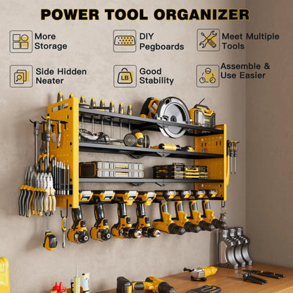 DYNABRAX Large Power Tool Organizer Wall Mount, 4-Layer Heavy Duty Metal Garage Storage Rack with 8 Cordless Drill Holders & Tool Utility Shelves (Loads up to 400 lbs)