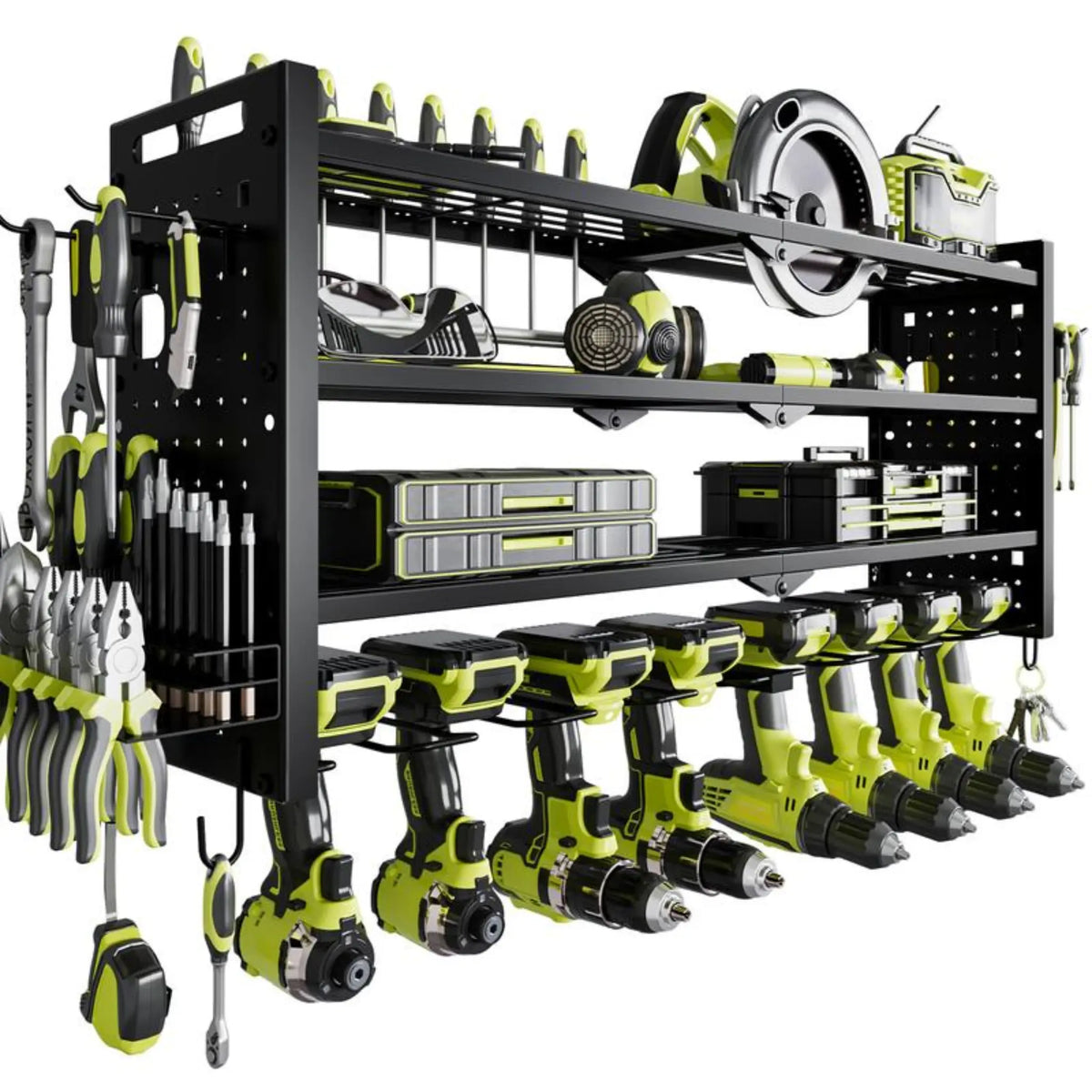 DYNABRAX Large Power Tool Organizer Wall Mount, 4-Layer Heavy Duty Metal Garage Storage Rack with 8 Cordless Drill Holders & Tool Utility Shelves (Loads up to 400 lbs)