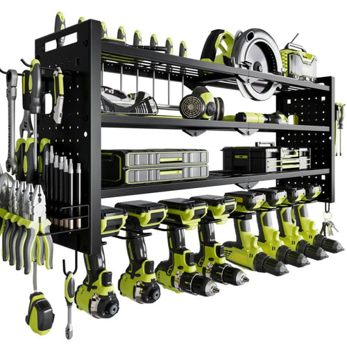 DYNABRAX Large Power Tool Organizer Wall Mount, 4-Layer Heavy Duty Metal Garage Storage Rack with 8 Cordless Drill Holders & Tool Utility Shelves (Loads up to 400 lbs)