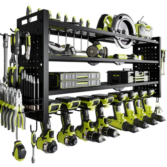 DYNABRAX Large Power Tool Organizer Wall Mount, 4-Layer Heavy Duty Metal Garage Storage Rack with 8 Cordless Drill Holders & Tool Utility Shelves (Loads up to 400 lbs)