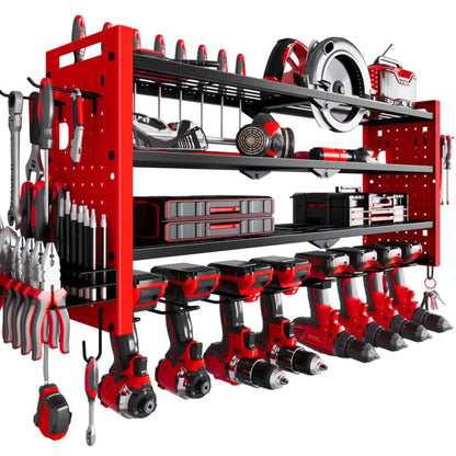 DYNABRAX Large Power Tool Organizer Wall Mount, 4-Layer Heavy Duty Metal Garage Storage Rack with 8 Cordless Drill Holders & Tool Utility Shelves (Loads up to 400 lbs)